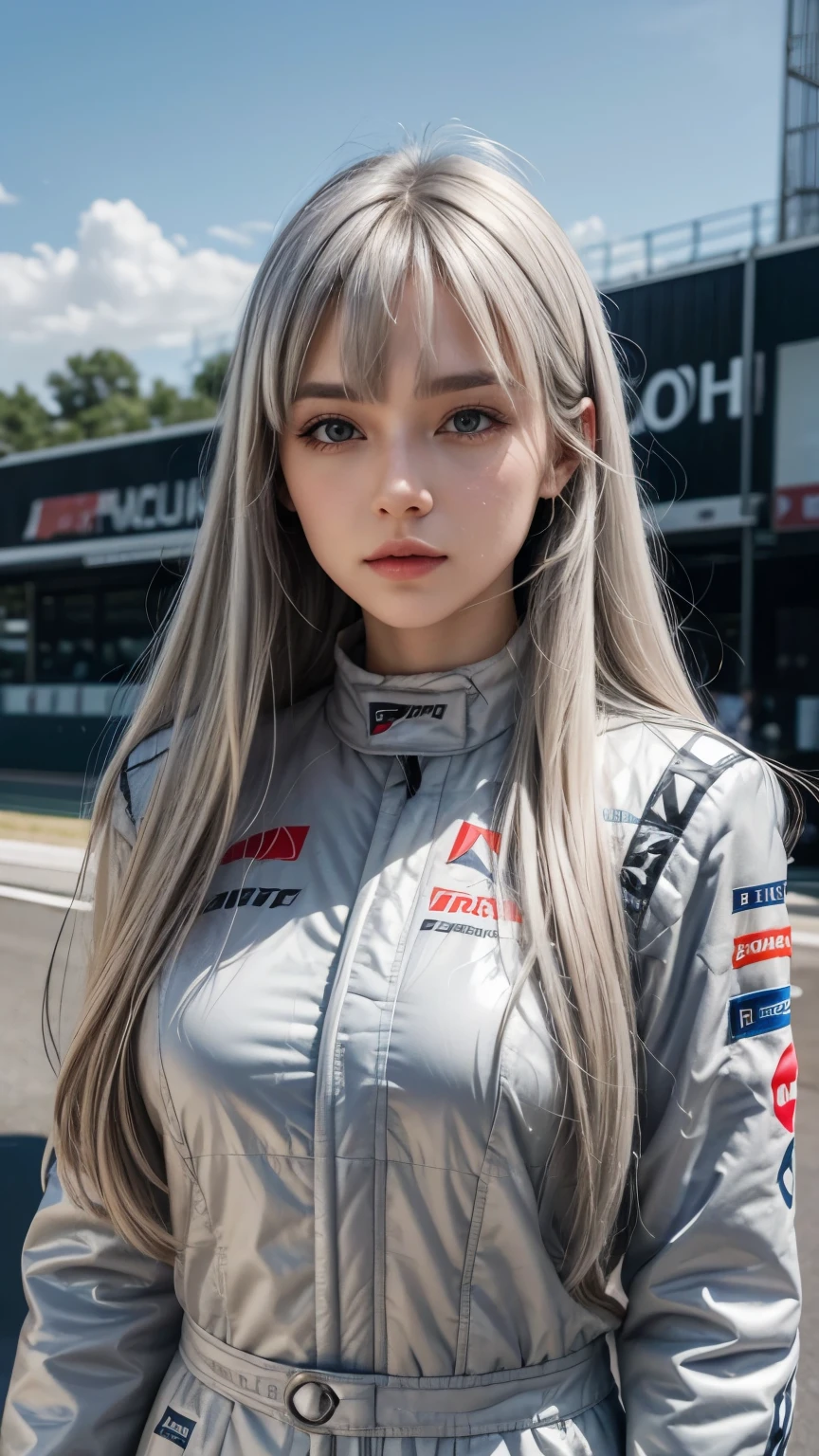 Create a woman with long, straight gray hair. She wears bangs and her hair is very light blonde. She is dressed in a Formula 1 driver's uniform and is holding a helmet.. His uniform is black with red details., corpo sexy. an adult woman. Her hair is light blonde. Uniforme sexy , breasts big, big lips, white hair