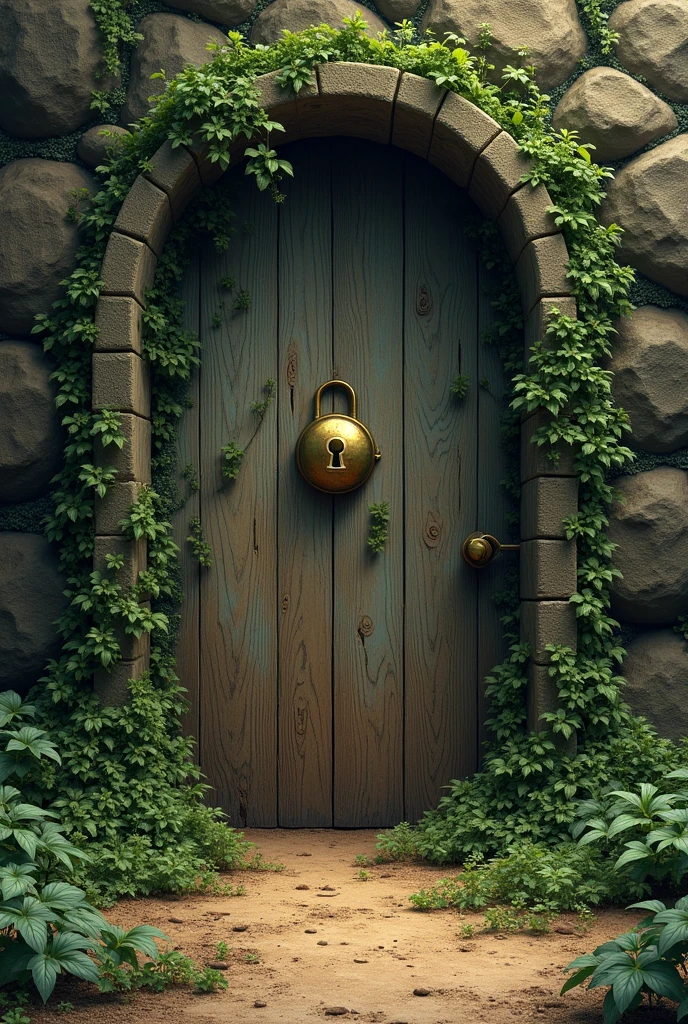 create an image of a door in the soil covered with vines, with a golden lock in the middle 