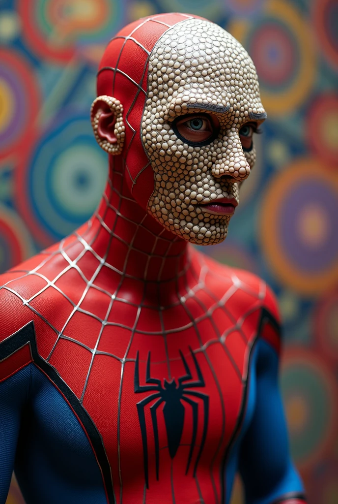 Spider-Man with the face of an elderly Yayoi Kusama