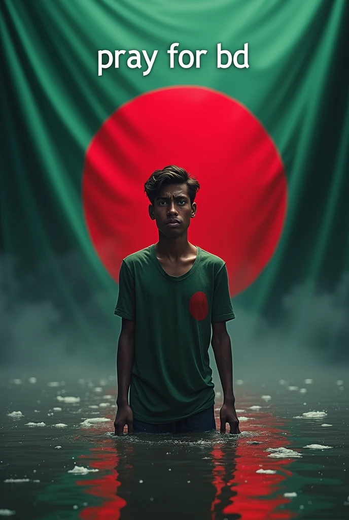 A young man,Bangladesh flag, floods, cry emoji and text pray for bd