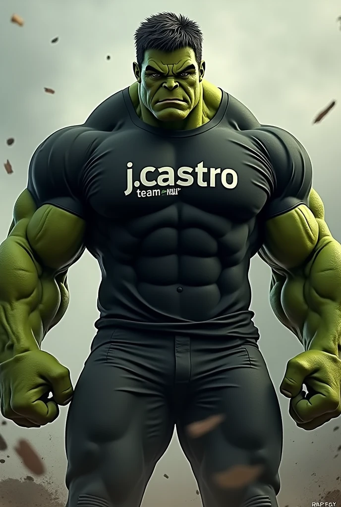 The Incredible Hulk wearing a black shirt with the words "J.Castro team"