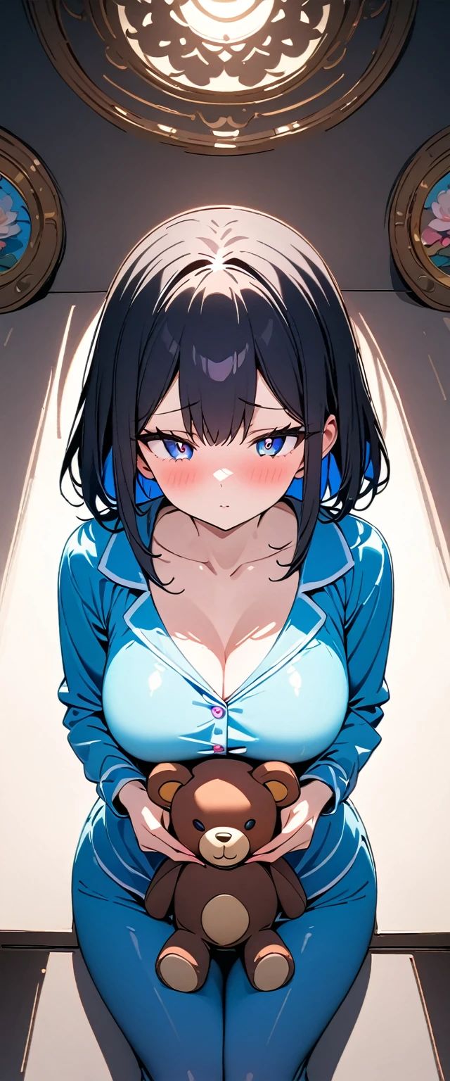 (highest quallity),(work of art), 8k,very detailled, detailed light, best shade,Detailed reflective eyes, very detailledな顔,shiny hair,(1 girl:1.2),Woman,gland,Bblack hair,embarrassing,blush,nice fingers,beautiful hands,all-body,blue colored eyes,(Medium length hair:1.2),fine tune,mole under the eye,pijamas,(Plush polar bear:1.2),(Big teddy bear:1.2),Hug a stuffed animal,(Watery eyes 1.2), with sexy sleepwear (very sexy pajamas