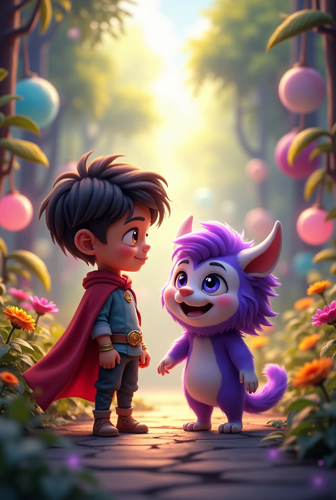 The little hero is chatting with a cute purple-haired monster