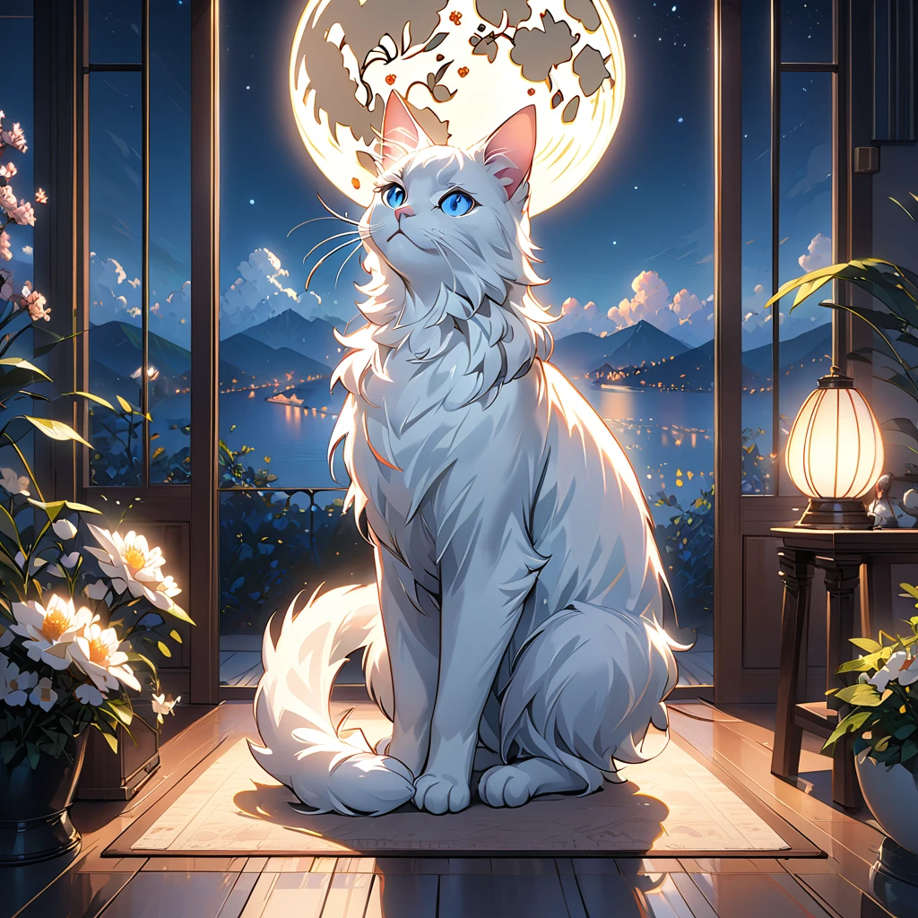 (Highest quality:1.2), A room with a beautiful view of world, ((White or black cat)) (Maine Coon) ((Highly detailed coat))night、 Moon, Light , Soft colors, e, Natural soft lighting, 8K resolution, shape, pastel four colors、Blue Light Goods、Glowing Goods、blue eyes