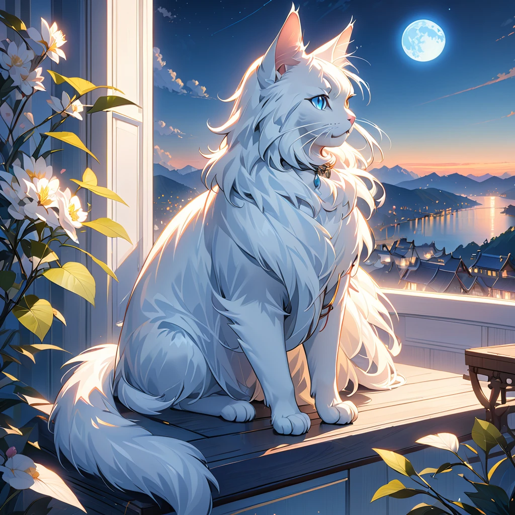 (Highest quality:1.2), A room with a beautiful view of world, ((White or black cat)) (Maine Coon) ((Highly detailed coat))night、 Moon, Light , Soft colors, e, Natural soft lighting, 8K resolution, shape, pastel four colors、Blue Light Goods、Glowing Goods、blue eyes
