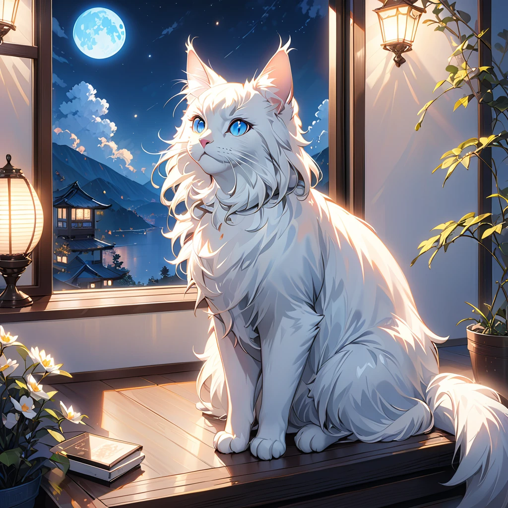 (Highest quality:1.2), A room with a beautiful view of world, ((White or black cat)) (Maine Coon) ((Highly detailed coat))night、 Moon, Light , Soft colors, e, Natural soft lighting, 8K resolution, shape, pastel four colors、Blue Light Goods、Glowing Goods、blue eyes