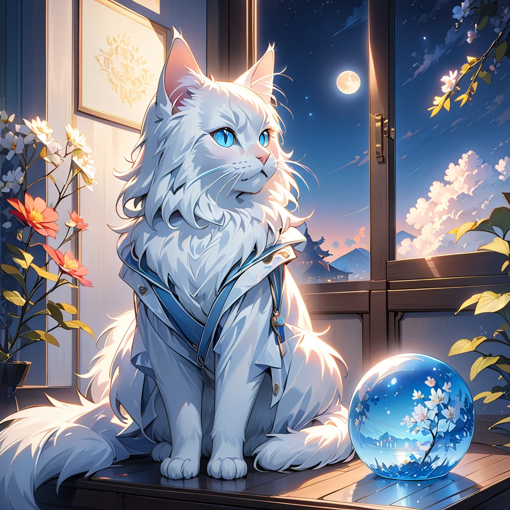 (Highest quality:1.2), A room with a beautiful view of world, ((White or black cat)) (Maine Coon) ((Highly detailed coat))night、 Moon, Light , Soft colors, e, Natural soft lighting, 8K resolution, shape, pastel four colors、Blue Light Goods、Glowing Goods、blue eyes