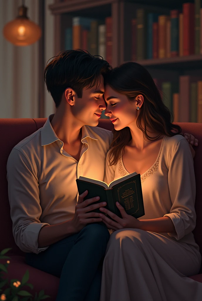 A couple together, each one holding their own book and showing the cover. Reading together. He kisses her neck. She is smiling.