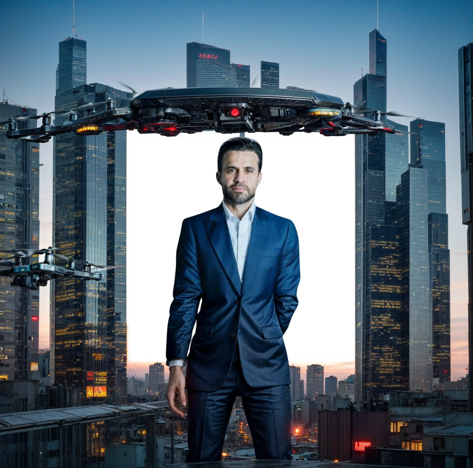 An ultra-realistic 4K landscape features a futuristic city with neon-lit glass and metal skyscrapers. State-of-the-art drones patrol the sky, strengthening surveillance and control. Not only, Security, proudly display the ((Brazil's flag)) No fundo. A combinação de drone e do Security cria um ambiente de ordem e proteção em uma cidade grandiosa, onde Security e nacionalismo se entrelaçam.