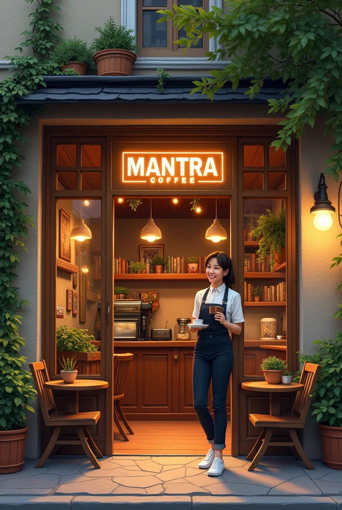 Entrance to a cafe with wooden tables outside, with a sign that says mantra coffee, illuminated, with plants, books, paintings. At the entrance a female Barista with a cup of coffee in her hand and a smile on her face. He addresses the audience with enthusiasm.