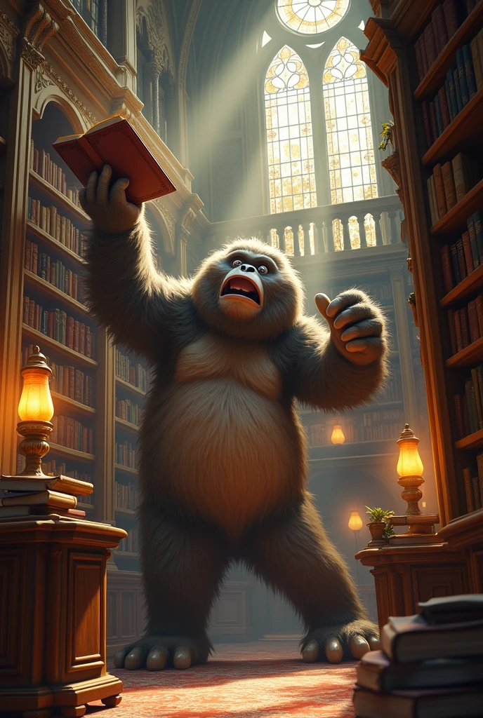 Create an image for story books
As she peeked through the fence, Ellie saw a large, furry creature struggling to reach a book on a high shelf. Can .can you make a monster who struggling with takeing a book in self can you make a big library