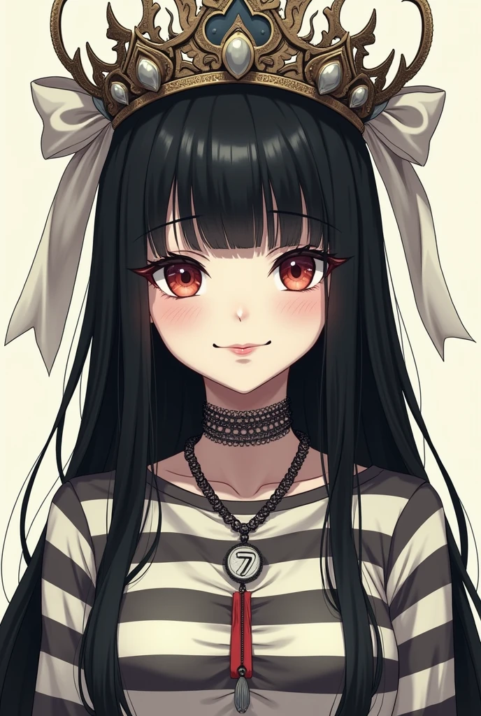 A pale skinned anime girl with a devilish smile from side to side, with his Chinese eyes, and his cheeks are marked, She has straight black hair that reaches her waist and has bangs., He has a big crown like a sultan's, and this crown has bows that cover her face, He has a long-sleeved striped shirt, and has a long necklace with the number 7