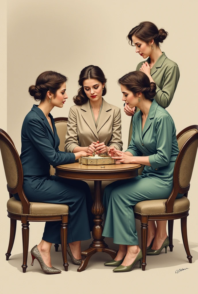 drawn in the form of a colored drawing, exactly four women are talking seriously around a jewelry box that is on a small table