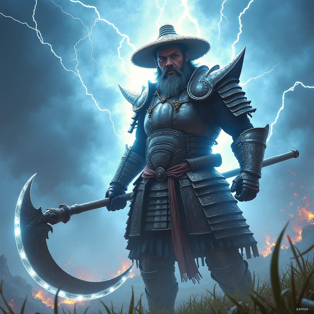 "Créez une image réaliste et intense comme une photo d'un guerrier nommé FarmMasteR,avec un chapeau de paille. Le guerrier doit tenir une grande faux, représentant son expérience agricole. Le personnage doit être vêtu d'une armure médiévale de samouraï argenté reflétant la lumière, il est affûté avec une présence unique et effrayante. Des éclair tournent autour de lui comme une aura. L'arrière-plan doit représenter un monde psionique avec des tons bleus, rempli d'éclair, de fumée et de destruction pour renforcer l'atmosphère intense. être dramatique, en soulignant l'apparence puissante et unique de FarmMasteR. Le nom « FarmMasteR » doit être affiché dans le fond de l'image dans une police gothique