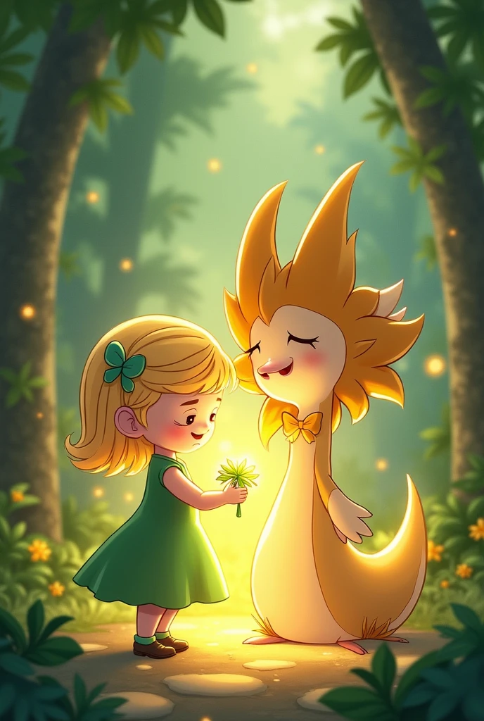 / image prompt Elara using a glowing, magical herb to heal Liora’s wing, with a warm, healing light enveloping them., -- ar 16:9 little cartoon with green dress