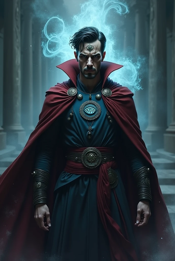 illustration:a man performing magic with an evil expression on his face, charachter: similar to doctor strange, in the middle of the forehead tika of the third eye of India, empty and lifeless look, Scenario: secret cabal of the illuminati, outfit: capa mágica e roupa idem charachter dr estranho, styled: arcane TV series, Lighting: styled dia nublado.