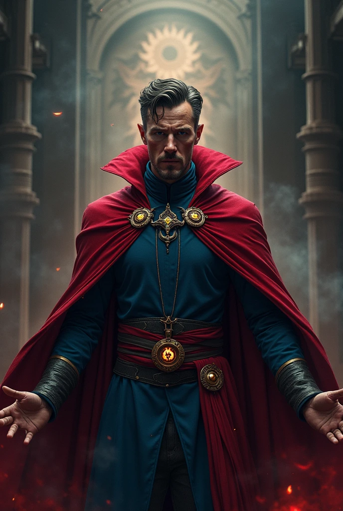 illustration:a man performing magic with an evil expression on his face, charachter: similar to doctor strange, in the middle of the forehead tika of the third eye of India, empty and lifeless look, Scenario: secret cabal of the illuminati, outfit: capa mágica e roupa idem charachter dr estranho, styled: arcane TV series, Lighting: styled dia nublado.
