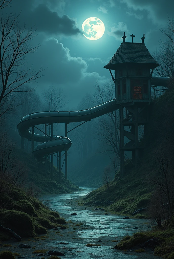 abandoned water park at night