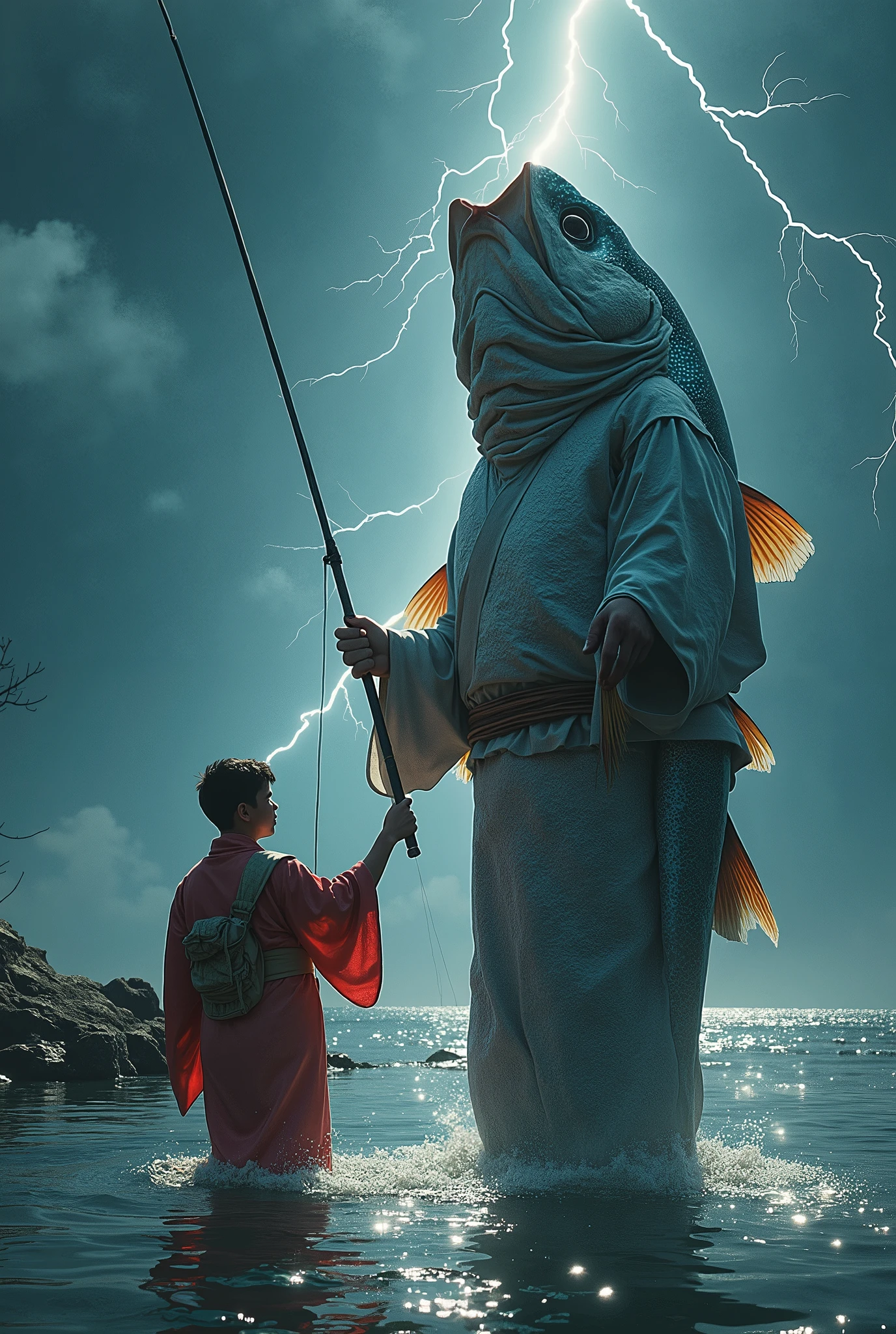 theme：Scene of fishing, realistic photo, A giant fish wearing a kimono, fishing、bath、The best happy performance、be happy、smile、big lightning,