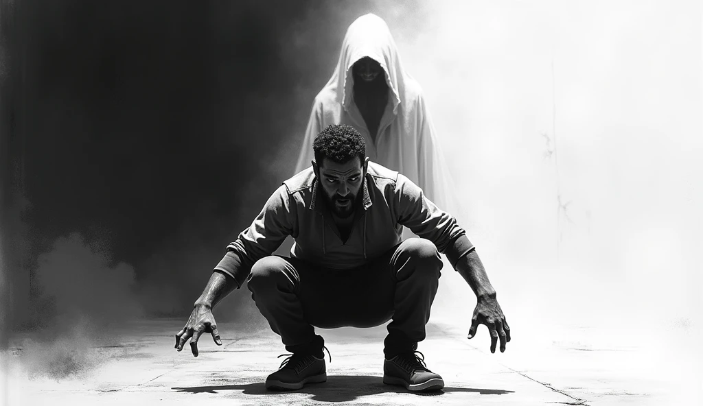 make the man step back and squat slowly backwards as if afraid of the ghost figure in front of him. The man faces the camera in front of him. black and white background