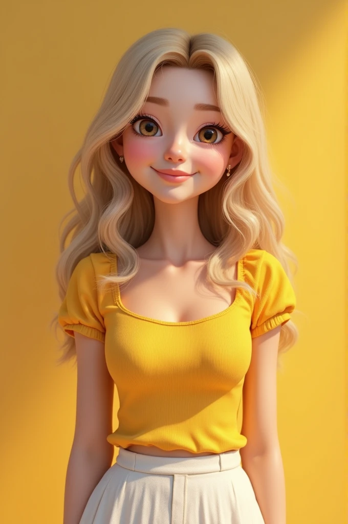 A 18 yr realistic girl smiling wearing a yellow top with white small skirt blond girl with makup