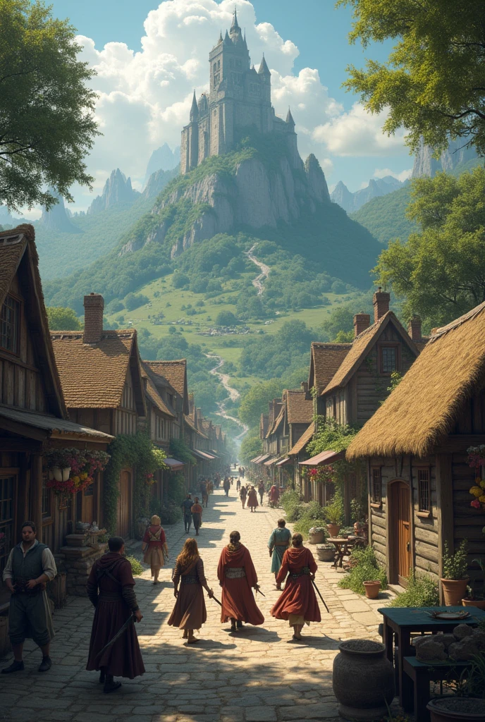 A group of players in a medieval village in a world with mythological creatures