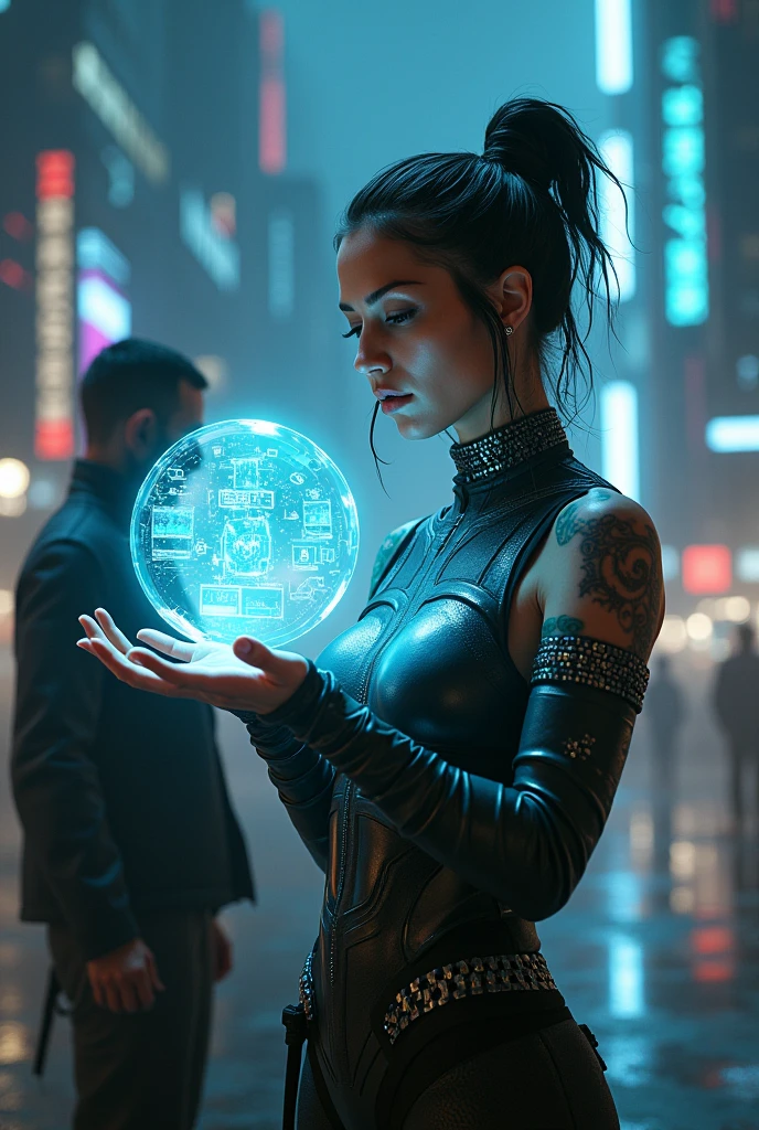 Female cyberpunk creating hologram with her hand and human controlling her in the background