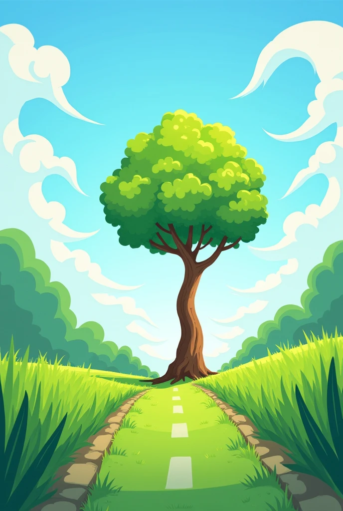 Cartoon of a street with a single tree around it, surrounded by grass and strong wind.