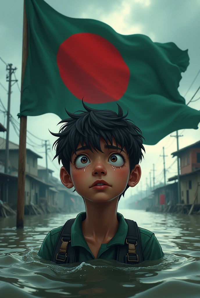 A young man who cry,Bangladesh flag, floods and text pray for bd