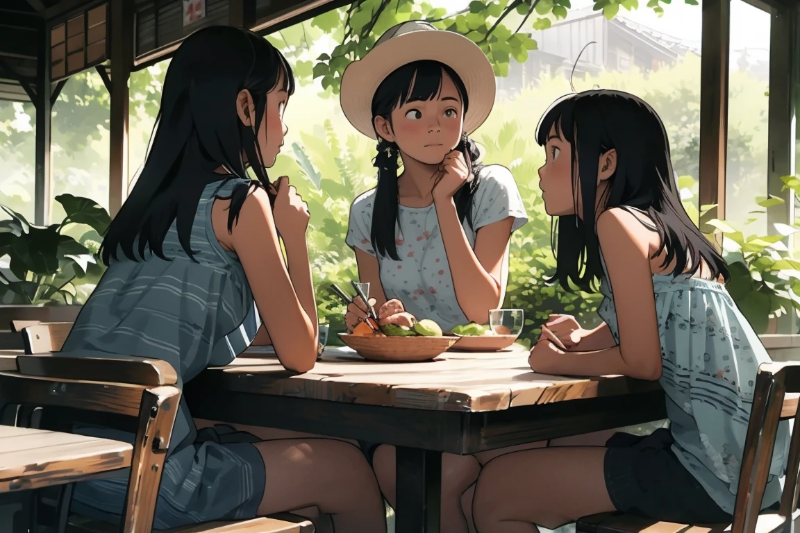 masterpiece, Highest quality,plural, Three Girls, (countrysideのローカル線の無人駅のホームで)、bicycle、Black Hair, short hair、Long Hair, Hair ties, hair band, hair ornaments, Straw hat、Shorts, skirt、dappled daylight、Outdoor, nature, wood々、 Grassland、countryside、Suburban、