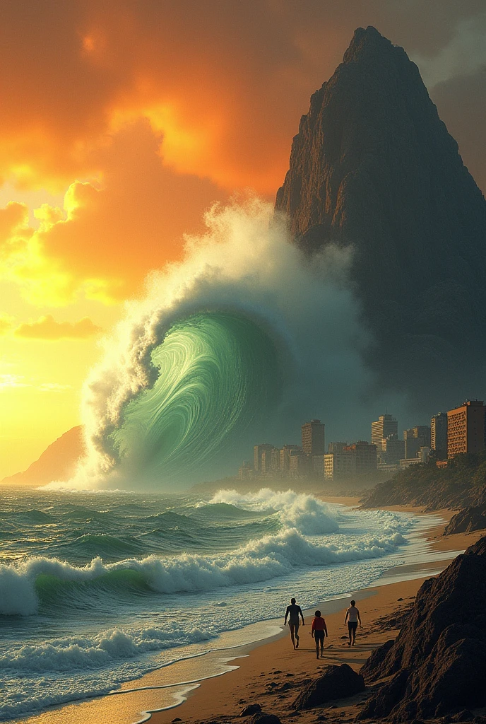 On the left side the sea with a giant wave towards the coast, Near the beach a large mountain similar to the Avila in Caracas Venezuela, on the right side Caracas Venezuela, the yellow sky with red, people running from the wave