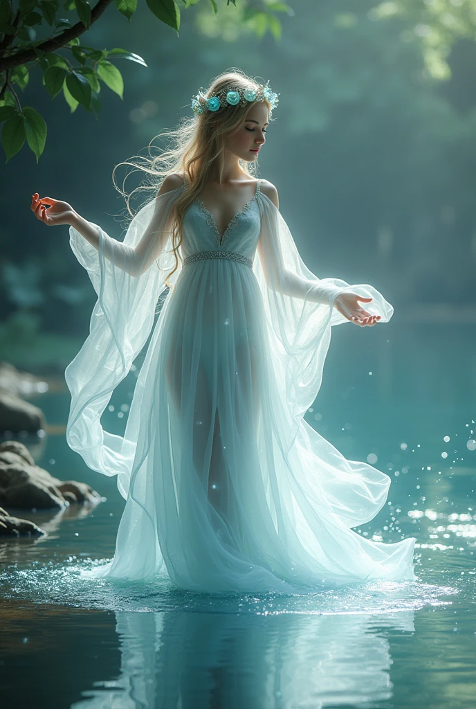 Water Spirit。Windine。Holy Water Maiden。translucent。Playing by the water。Spirit Body。Young。Pure。