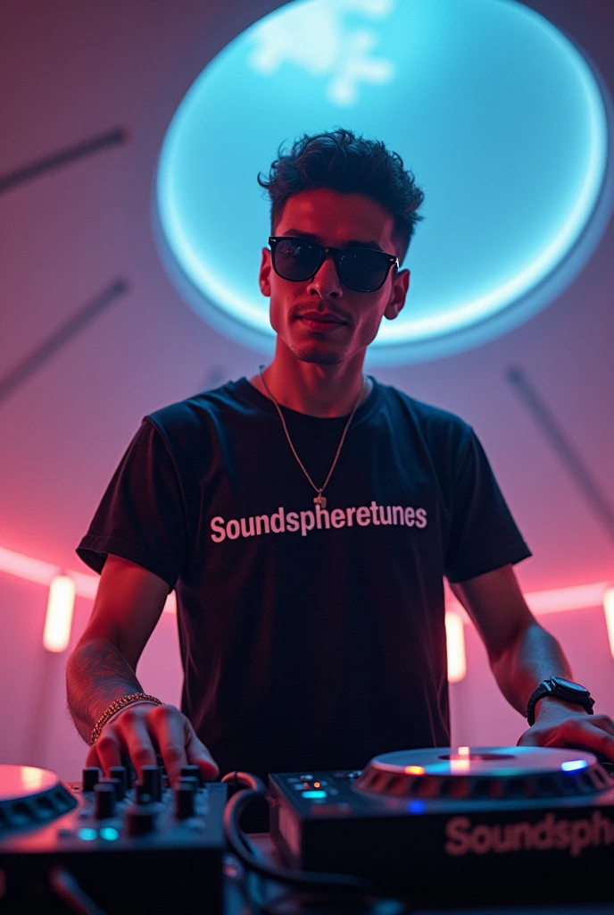 A DJ dome with sunglasses and a t-shirt black that says SoundSphereTunes