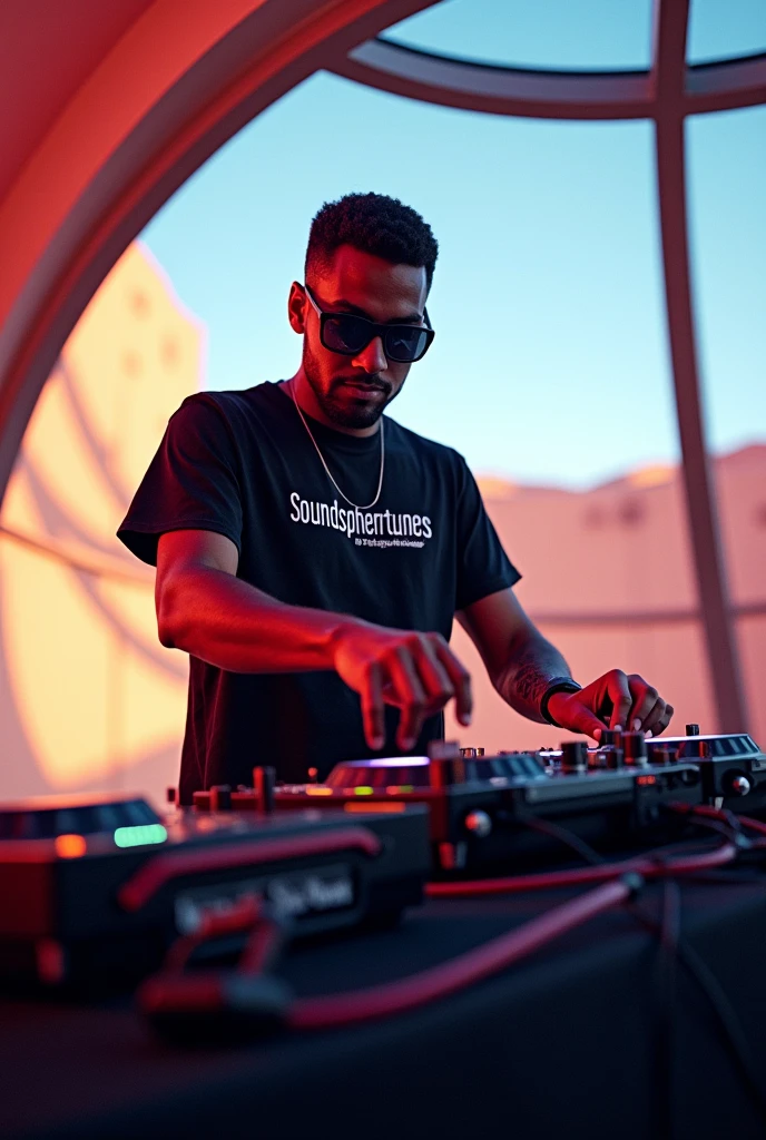A DJ dome with sunglasses and a t-shirt black that says SoundSphereTunes