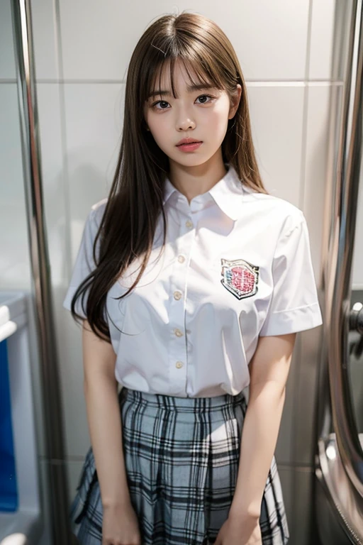 masterpiece, best quality, illustration, Super detailed, fine details, High resolution, 8K,wall paper, perfect dynamic composition,(Details High quality, realistic depiction of eyes:1.3), (urinal)、(white school shirt :1.2), (plaid skirt :1.3), large breasts, expresses the roundness and softness of your chest, Don't expose it、Disturbed uniform, black hair color, Big Natural Color Lip, perfect body shape, crying a little、Harajuku style、20 year old girl、cute type, beautiful legs, Gravure Idol,((はち切れんばかりの胸))
