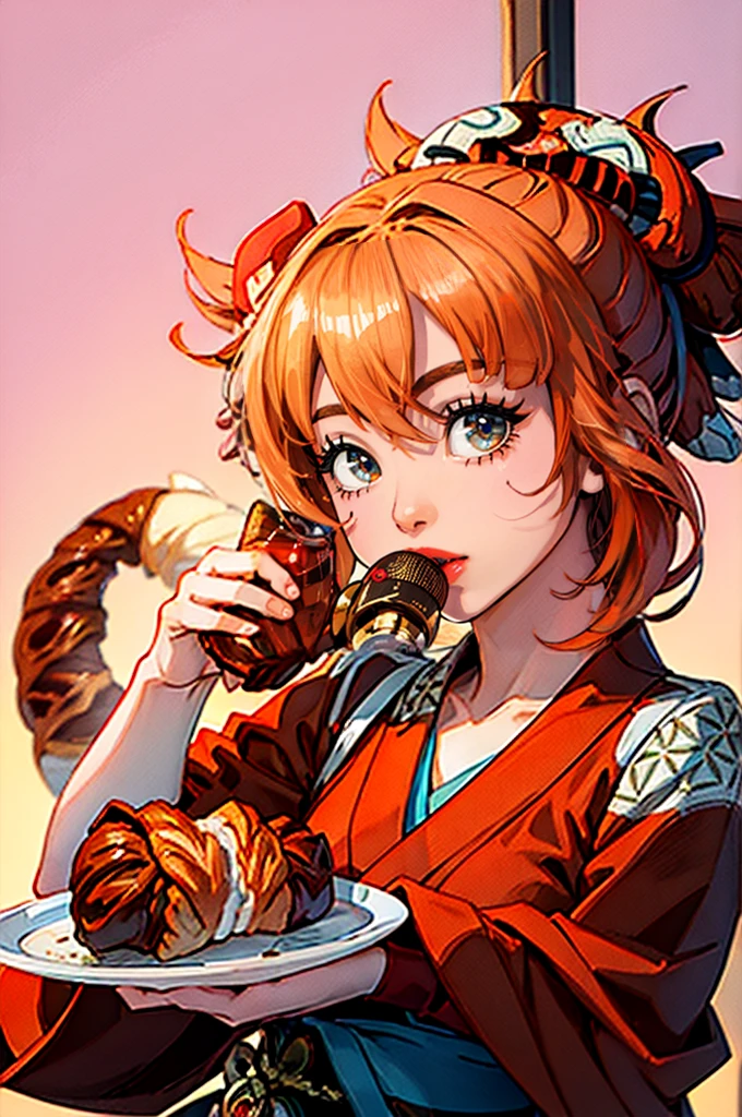 yoimiya, genshin impact, (((eating a chocolate croissant))), ((adorable expression)), Ufotable style, anime, bright Eyes, Red hair, kimono, simple background, pastel colors, high image quality, illustration, Digital art, masterpiece