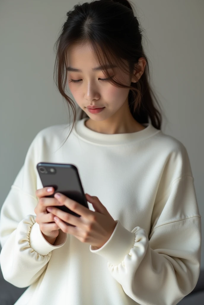 girl with phone in her hands wearing a white sweatshirt