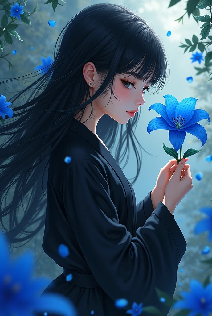 A girl, wearing a black robe. Jet black hair flowing, Both of his eyes are also jet black.. Holding a blue peacock lily, looking at the flowers with a gentle smile. Flowers fall around him. Be in a cool place, calm, and peace.
