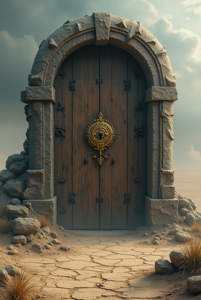 create an image of a door on the dirt floor with a golden lock in the middle