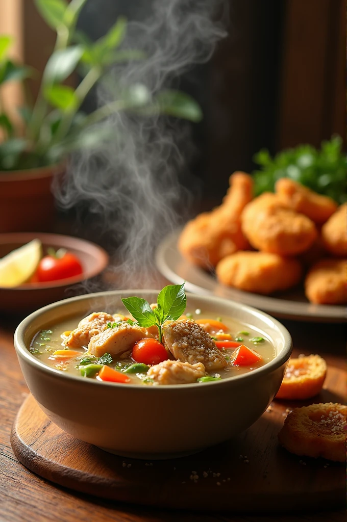 Chicken soup with fried chicken on the side