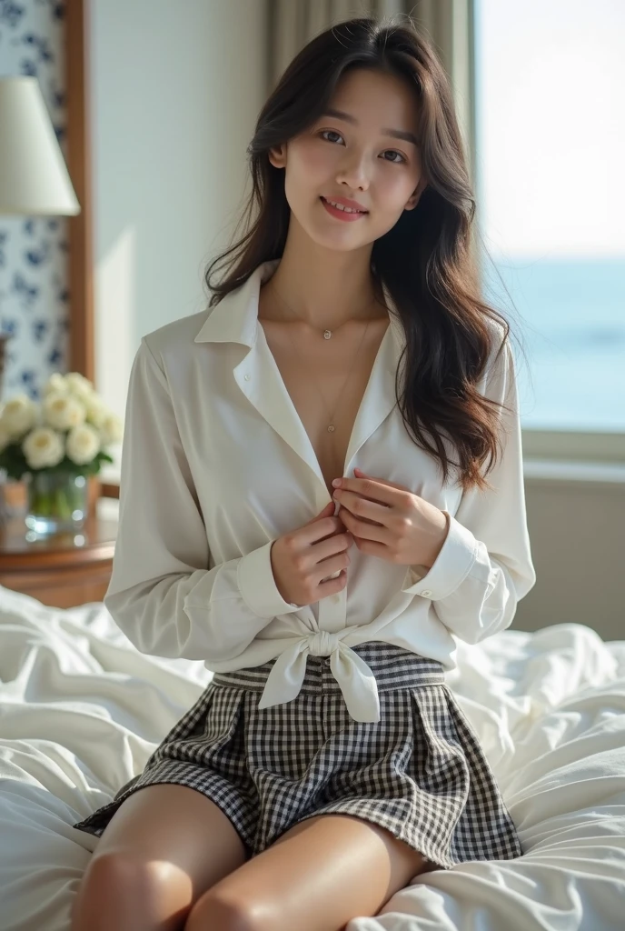 (High school girl in a suite:1.4, , Cute Face:1.5, Triangular face, Sitting on a luxurious bed), View your viewers, ((Embarrassing:1.3, smile:1.1)), shy smile, Open your mouth, Silky skin, Natural Makeup, Glossy Lips, Group shot, (Sexually suggestive:0.7), (Same school uniform:1.5, open-necked white shirt, See through , Place your hands on your chest:1.24), (naked :0.2), (Three Girls:1, Perfect Style, whole body), ((Slender body)), (Pleated Check Skirt, Showing panties), (RAW Photos:1.4),(( Legs wide open, ribbon, pantyhose:1.2)), (Gentle light, 16k wallpaper, RAW Photos, Idol), Become familiar, (Large windows with sea views, Expensive furniture:1.3, Sheets laid on the floor:1.4, Flowers in a planter) 