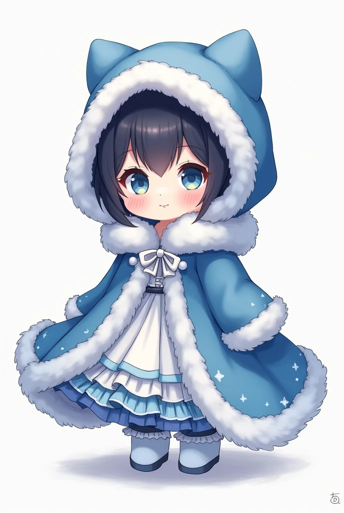 A chibi girl with black hair, blue fur hood (the fur is white), blue fur cloak (fur is white), blue and white fur skirt with ruffles and a white bow on it