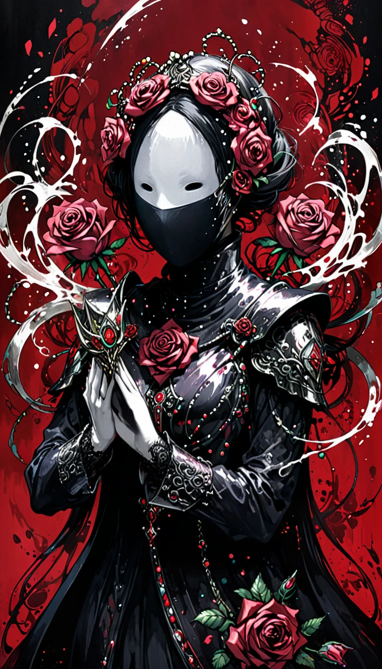 in style of Harry Clarke,character concept design,half body, (ROSE HEAD:1.5) (no face:2.0) paladin,angry,crazy smile，fighting pose，Magic Effects，Metallic details，Red tone，Unknown background，perfect hands,Core Art，The art of spray painting，Splash Art
