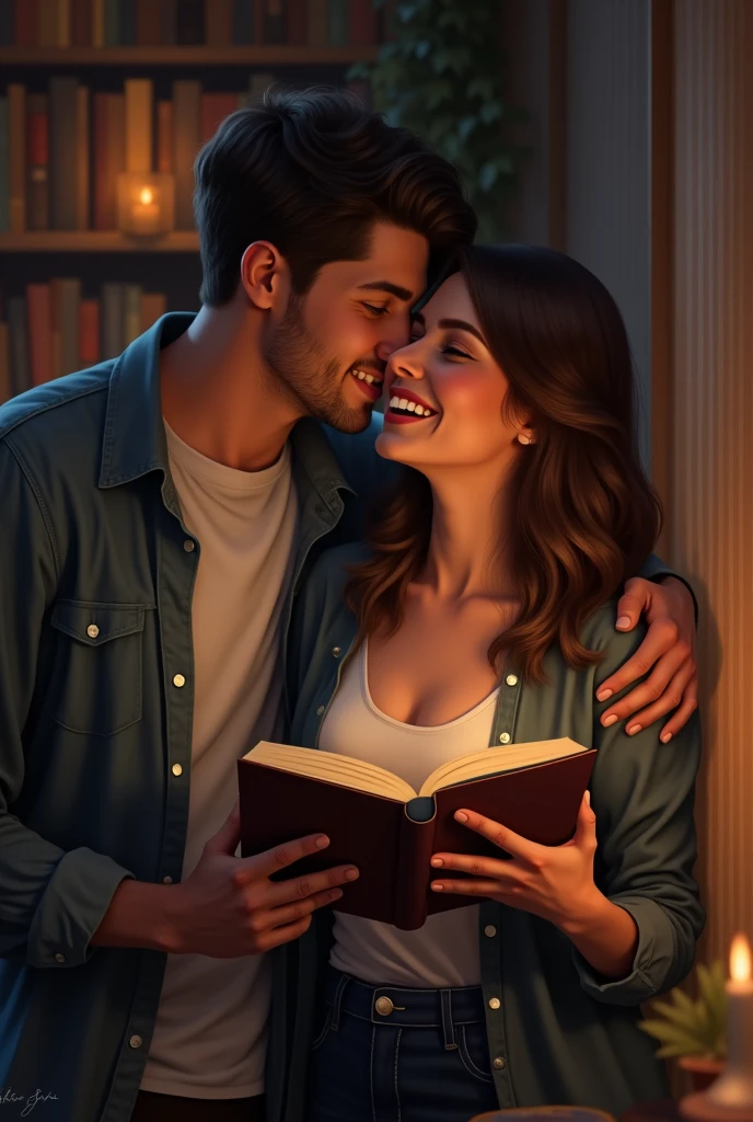 A couple together, each one holding their own book. He kisses her neck. She is smiling.