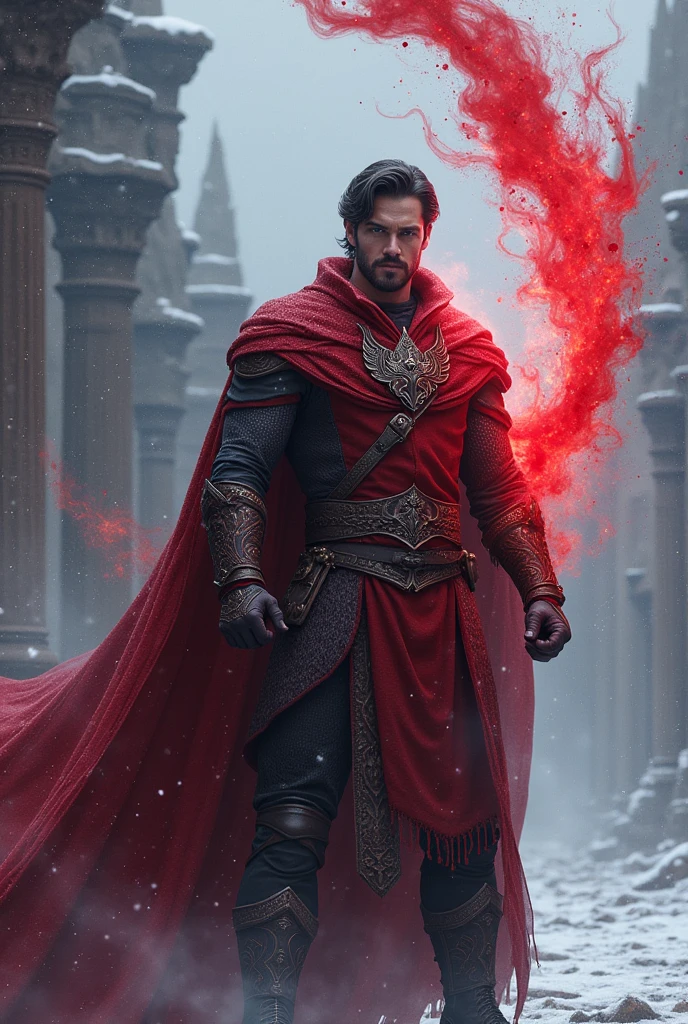 Handsome king, 19, mid winter, powerful, blood magic, wears crimson red colors, medieval, Henry cavill looking, muscular, dark hair, mysterious, tall, courageous, big muscular arms, white, blue eyes, fall kingdom, 