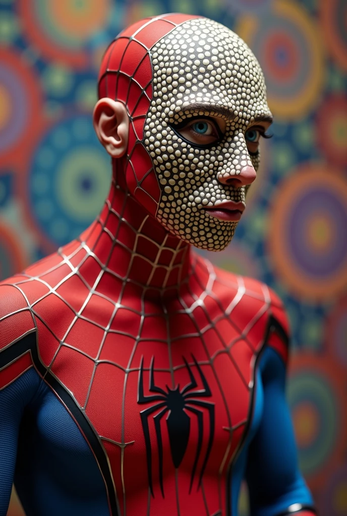 Spider-Man with the face of an elderly Yayoi Kusama