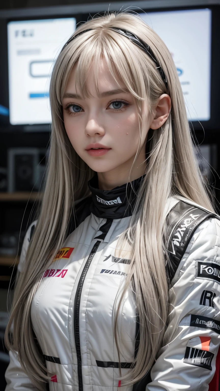 Create a woman with long, straight gray hair. She wears bangs and her hair is very light blonde. She is dressed in a Formula 1 driver's uniform and is holding a helmet.. His uniform is black with red details., corpo sexy. an adult woman. Her hair is light blonde. Uniforme sexy , breasts big, big lips, white hair