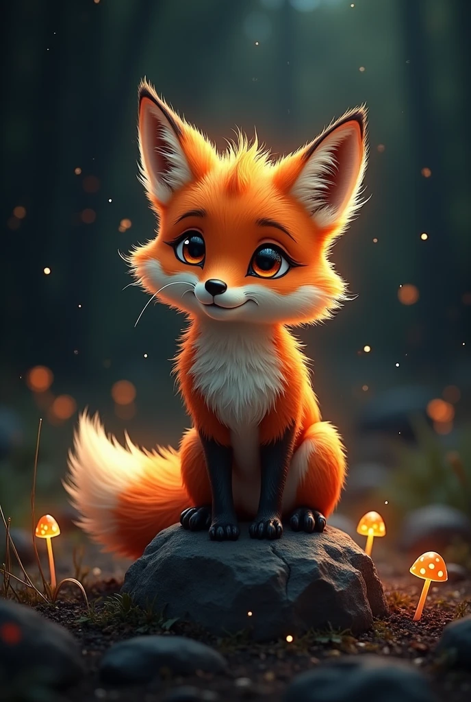 Cute fox,sitting on rock,black Background,spotlight,comic,Steampunk,cinema stil, bokeh,mushrooms,glowing outlines