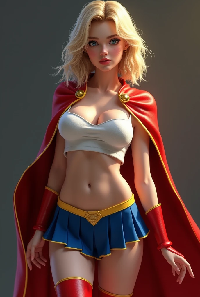 A SEXY FEMALE WITH GIGANTIC BOOBS:1.8, DREAMY BLUE EYES AND MEDIUM MESSY GOLDEN BLONDE HAIR WEARING A CLASSIC WHITE SUPERGIRL LONG-SLEEVED CROP=TOP COSTUME, A SHORT BLUE PLEATED SKIRT WITH A YELLOW SUPERGIRL BELT, RED HIGH HEELED SUPERGIRL BOOTS, AND SHORT RED SUPERGIRL CAPE WITH YELLOW TRIM. , incredibly detailed skin and eyes, seductive poses, 8K resolution, masterpiece, ultra-detailed, semi-realistic, photo-realistic.