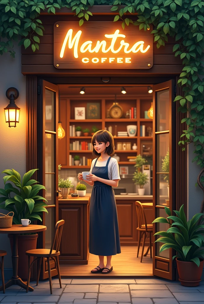 Entrance to a cafe with wooden tables outside, with a sign that says mantra coffee, illuminated, with plants, books, paintings. At the entrance a female Barista with a cup of coffee in her hand and a smile on her face. He addresses the audience with enthusiasm.